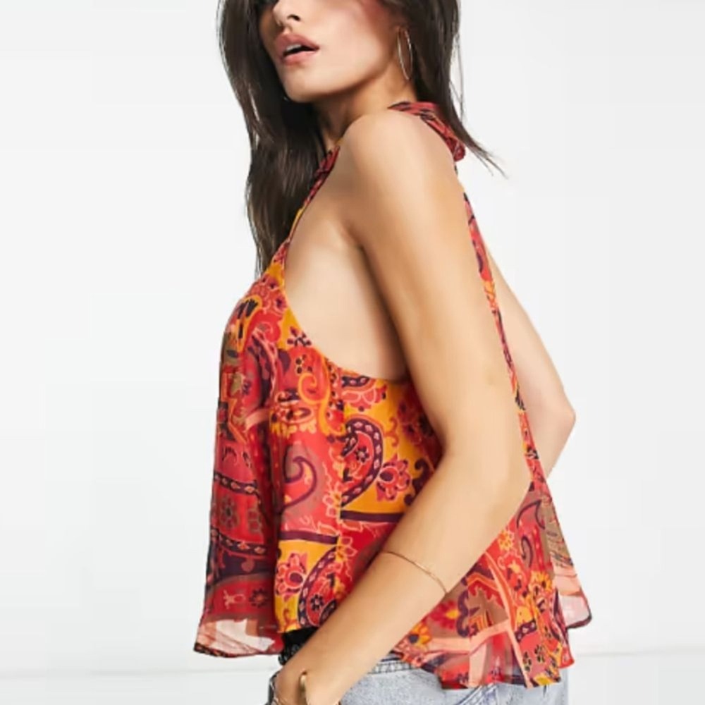 Free People Tank Top Womens XS Red Paisley Halter Boho‎ Racerback Chiffon Blouse